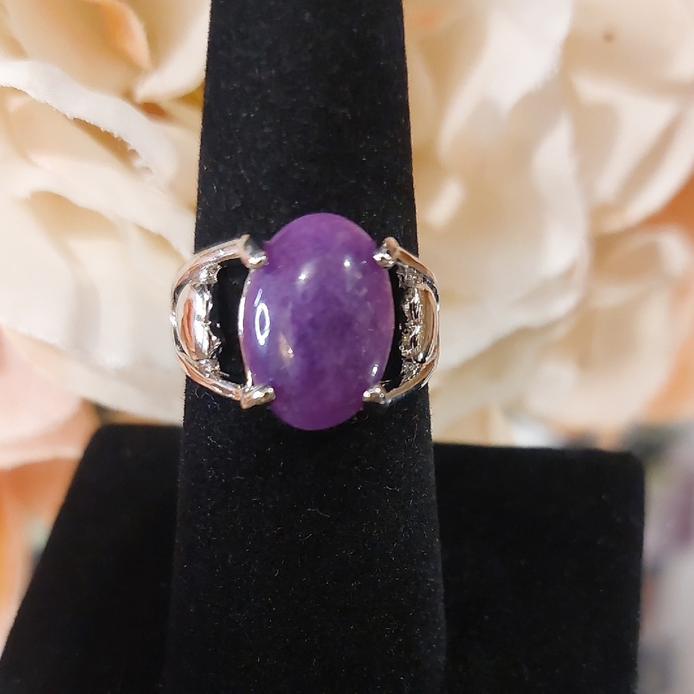 3/$15 SALE! Amethyst Glass Stone Silver Ring - Size 6 3/4
